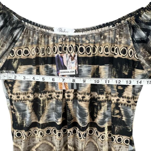 Parker Mini Dress XS Black Gray Tan Gold Abstract Stretch Bell Sleeve Boho Chic - Picture 7 of 14